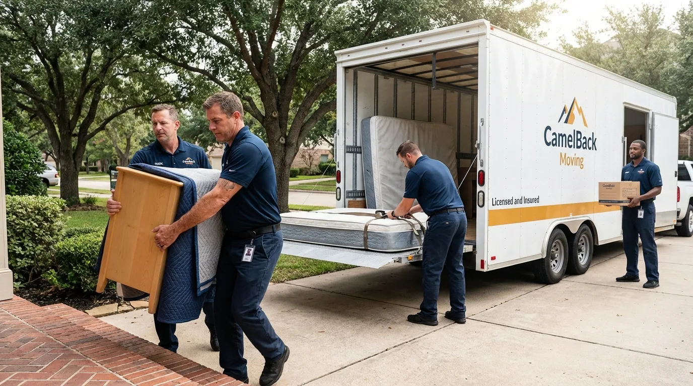 Crew loading residential truck for cross-state move from Half Moon Bay, CA