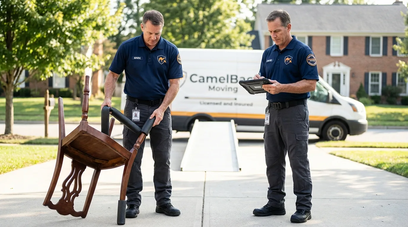 Movers inspecting furniture for damage prevention before loading in Half Moon Bay, CA