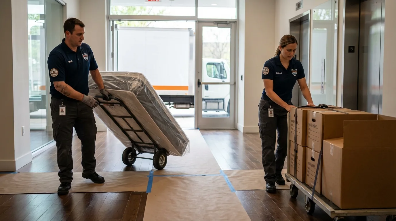 Professional apartment movers loading elevator in Half Moon Bay, CA