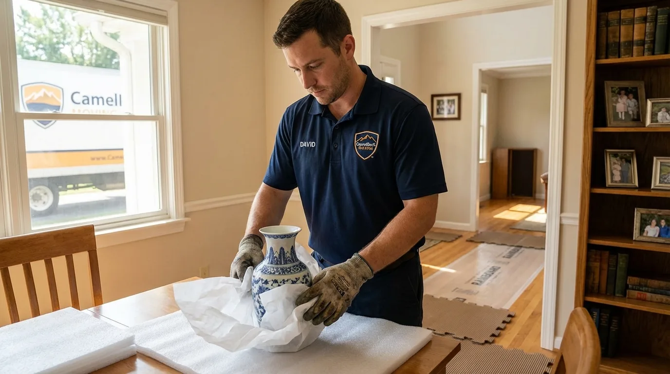 Professional crew carefully wrapping antique vase for senior downsizing move in Half Moon Bay, CA