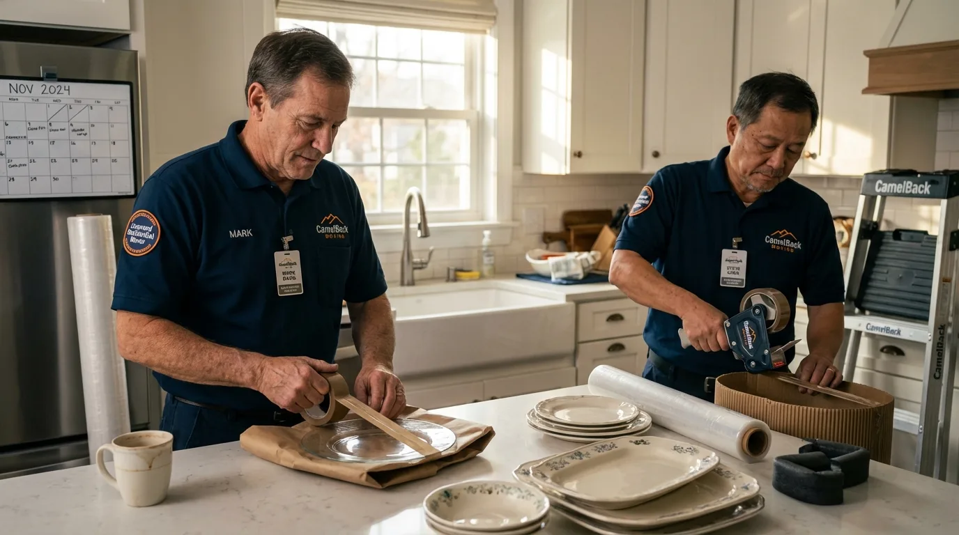 Professional crew packing kitchen dishware in Half Moon Bay, CA